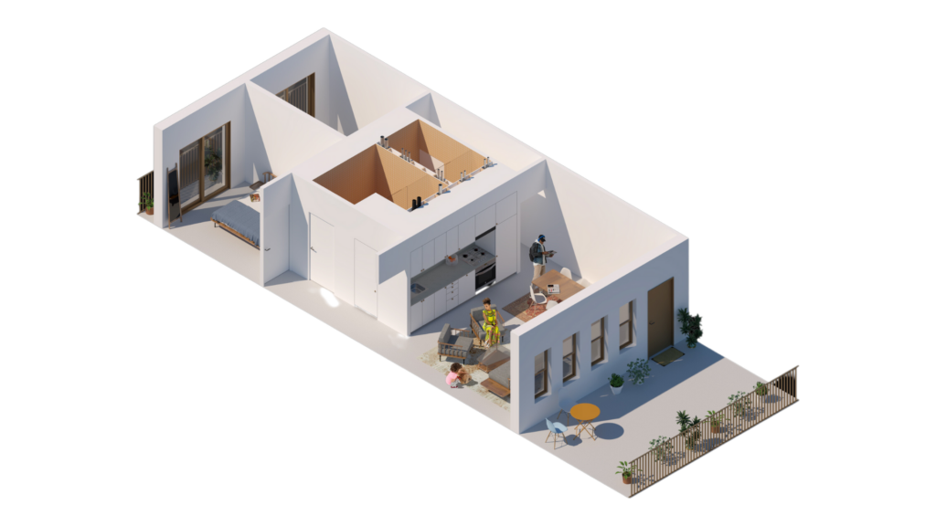 isometric rendering of a 2-bedroom apartment at 918 Dill Ave. 